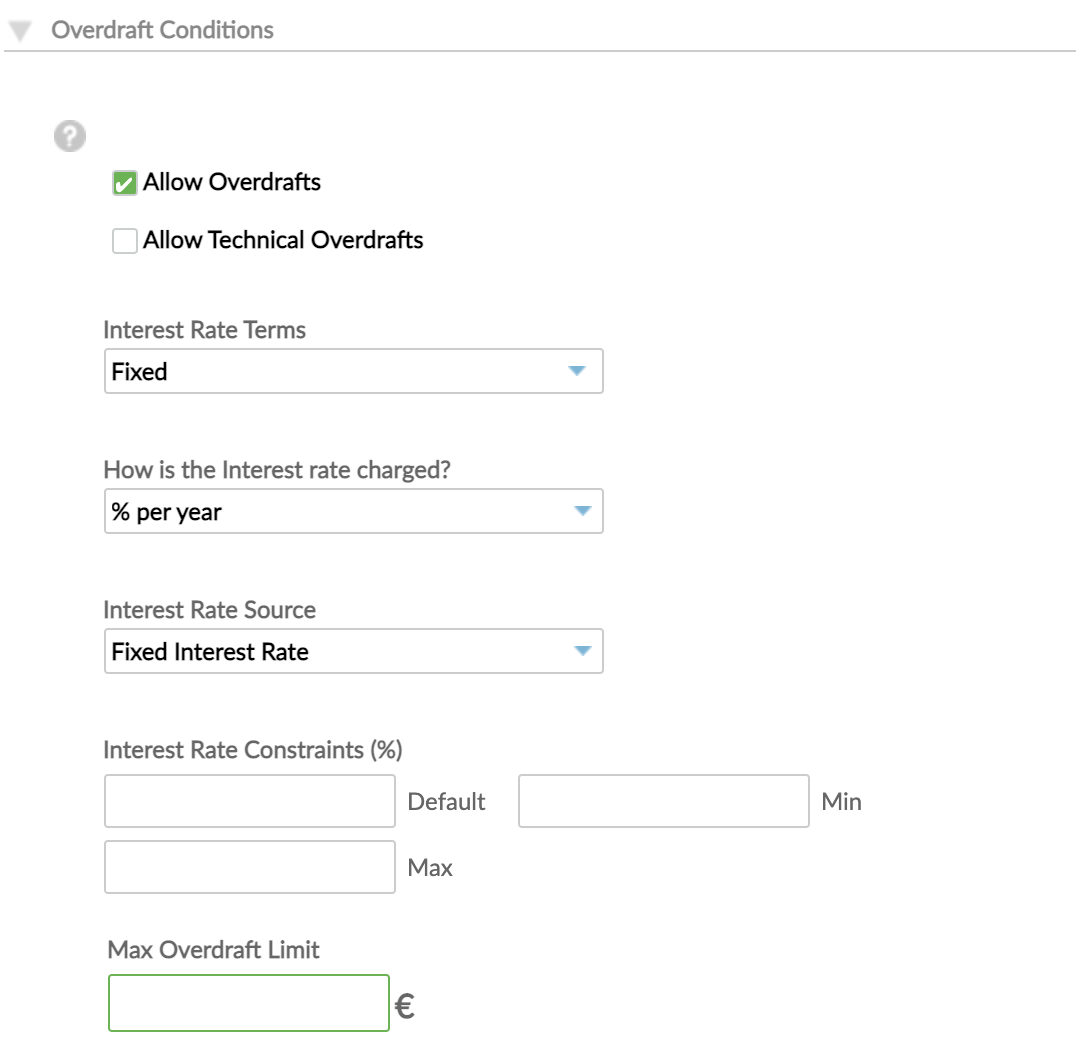 The overdraft conditions section of the Creating a new deposit product form with allow overdrafts checkbox selected