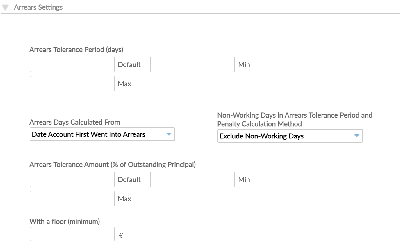 Arrears Settings at Product Level with Arrears Tolerance Period (days), Arrears Days Calculated From and Non-Working Days in Arrears Tolerance Period and Penalty Calculation Method and Arrears Tolerance Amount (% of Outstanding Principal) and With a floor (minimum) options