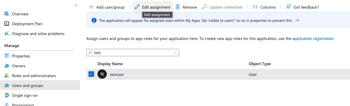 Editing assignment of users and groups