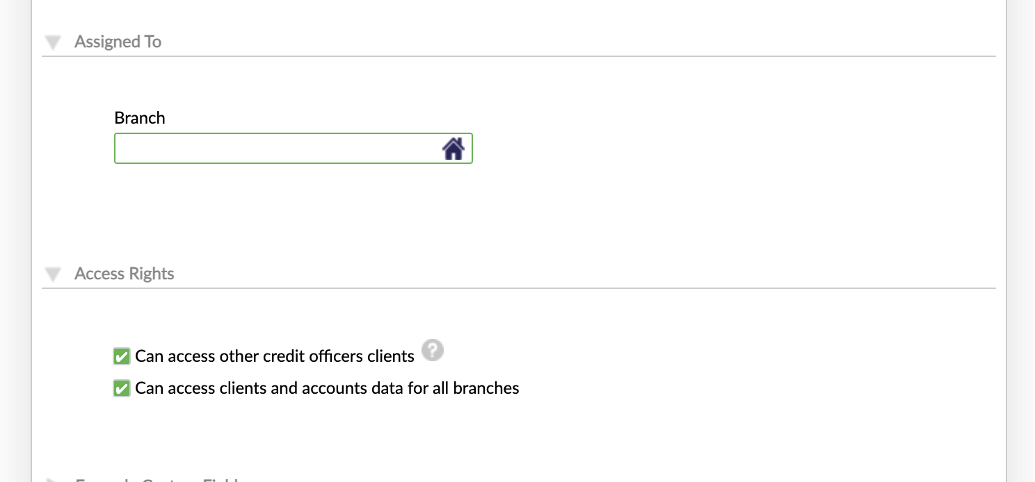 Assigned to and access rights sections for credit officer
