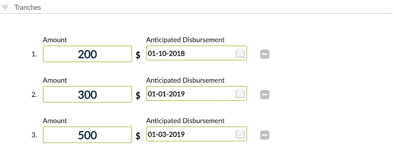Tranches section at Loan Account creation with three tranches defined each with amount and anticipated disbursement