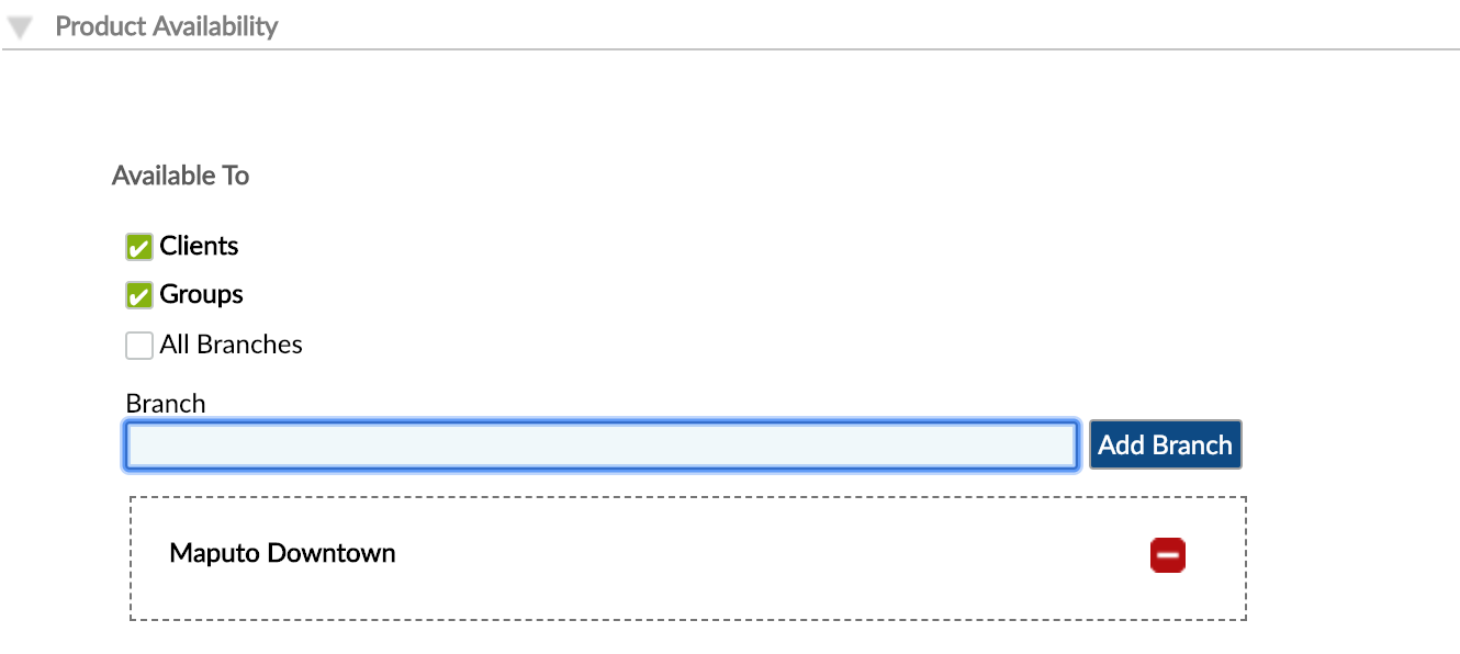 Product availability section with checkbox for All branches unchecked and an example branch displayed with red delete icon