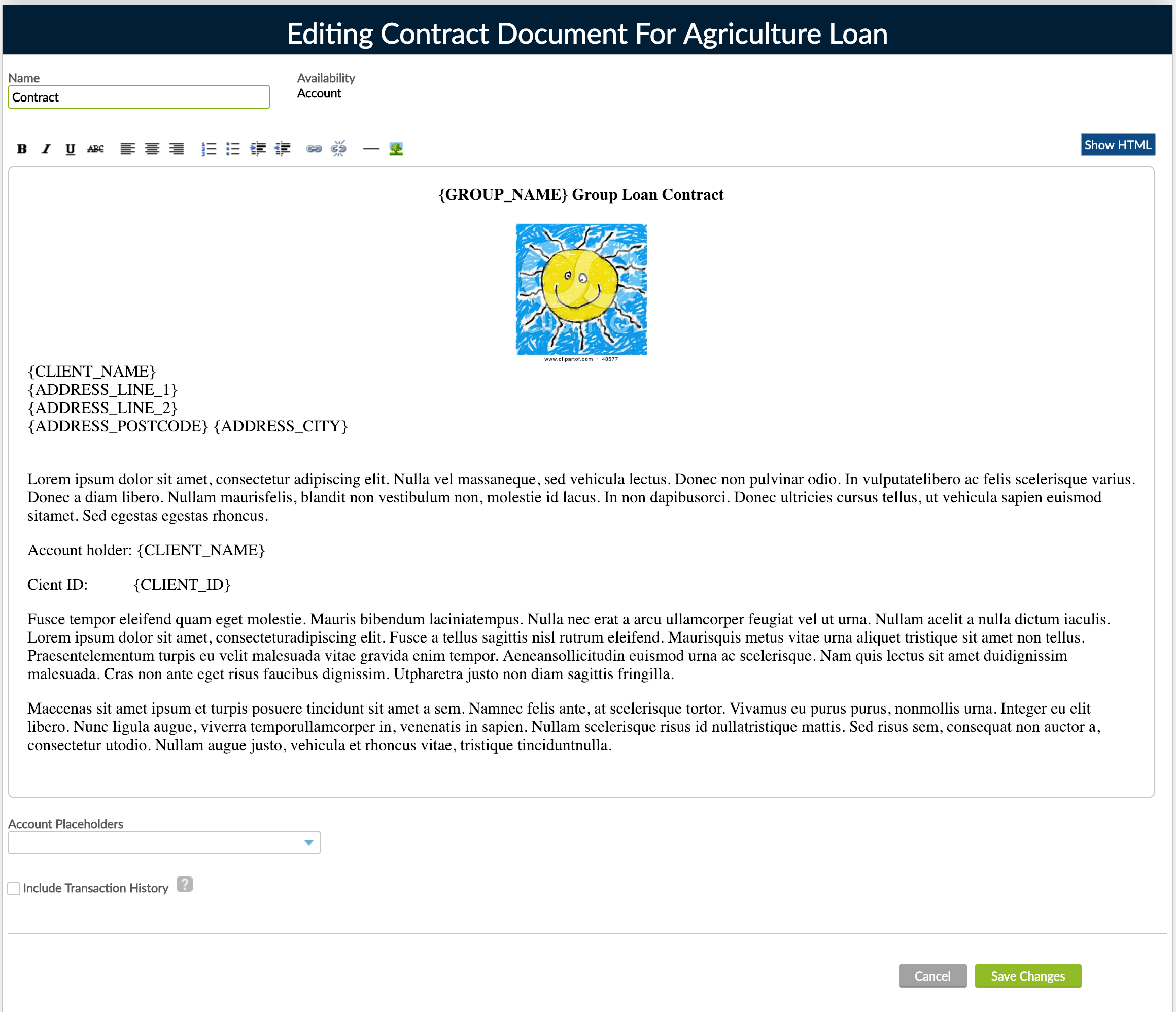 Document Editor view, from where the document templates can be edited as needed.