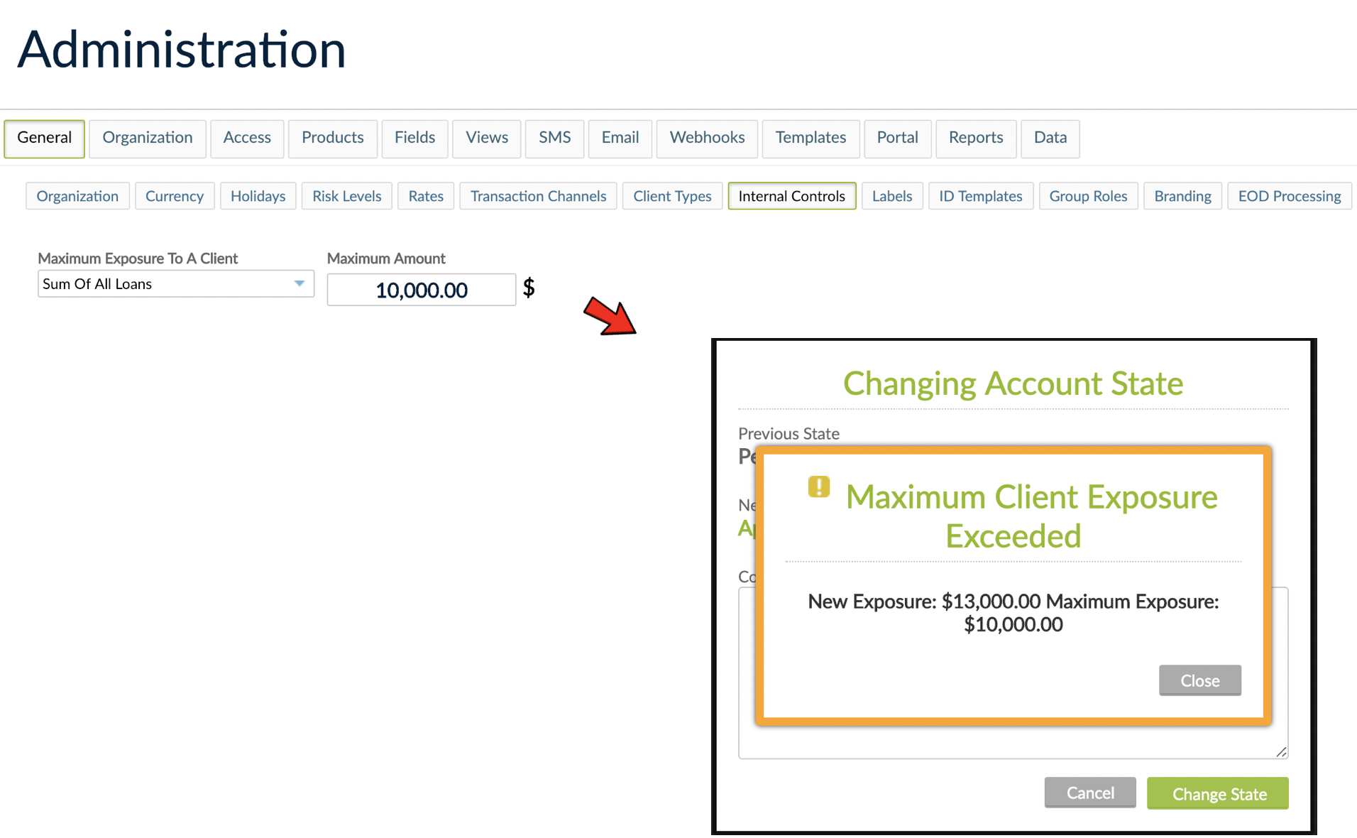 Maximum Exposure set to a Client and pop-up warning if exceeded