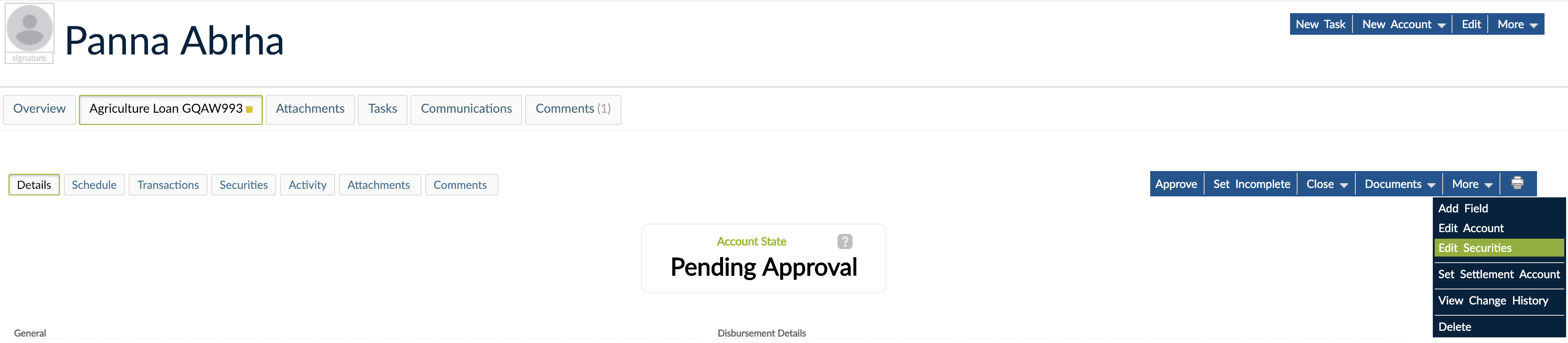 More drop-down menu with Edit Securities option