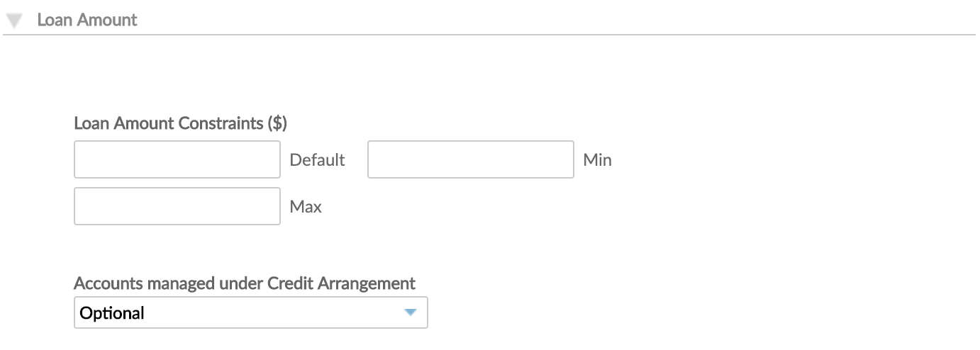 Loan Amount section with Default, Min and Max amounts.