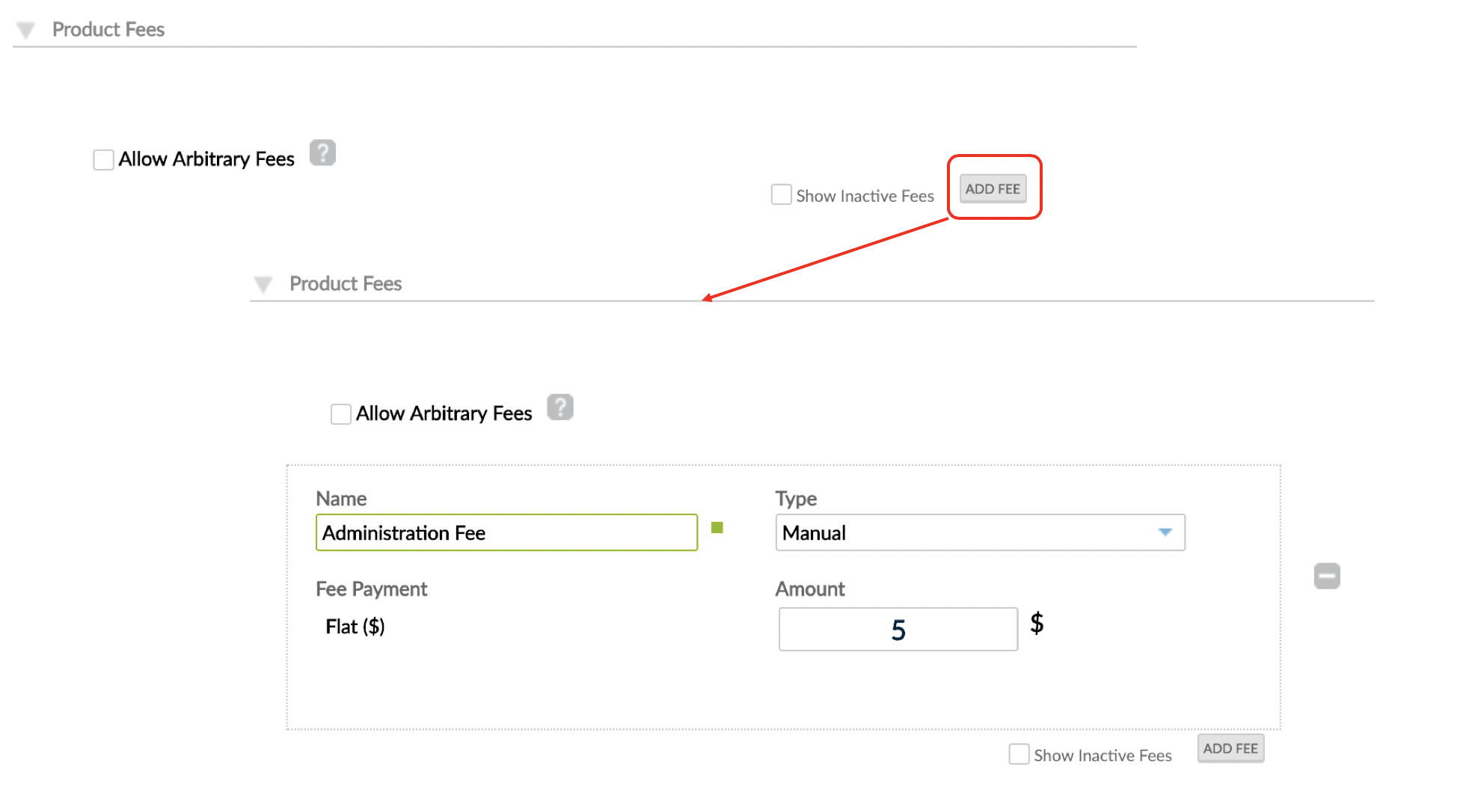 Add Fee button and Manual fee screen