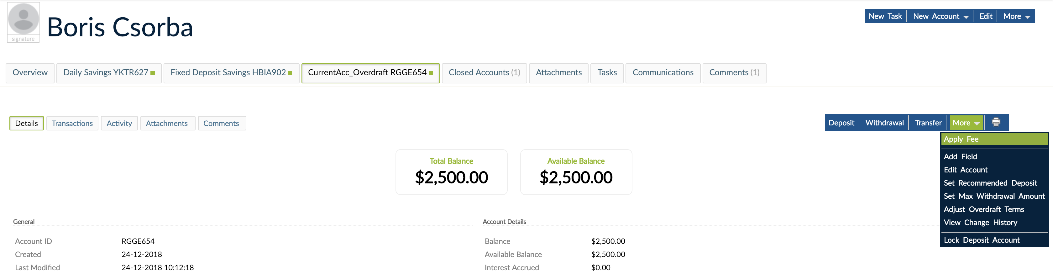 More drop-down with Apply fee option selected