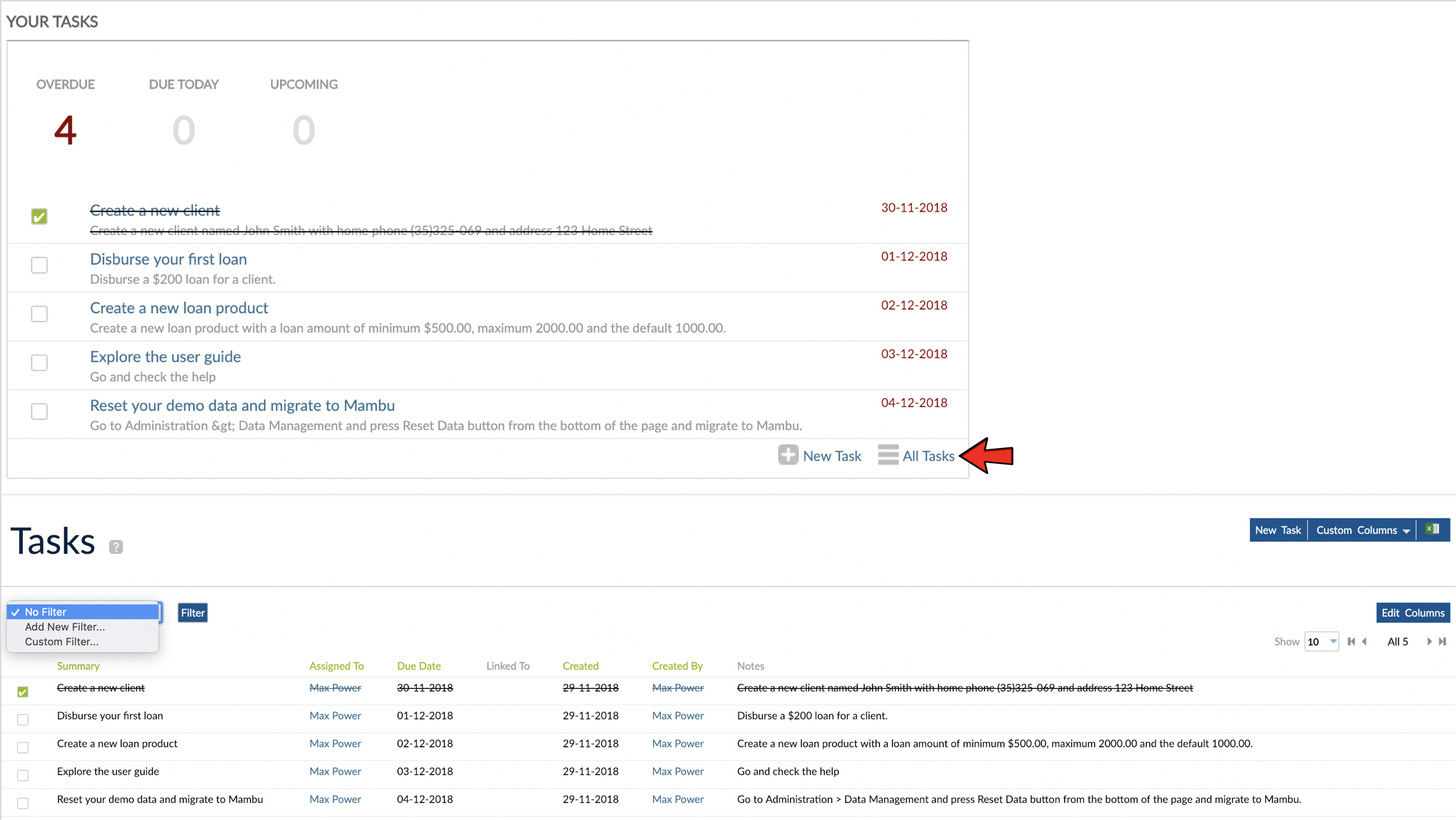 All tasks button from dashboard and Tasks view