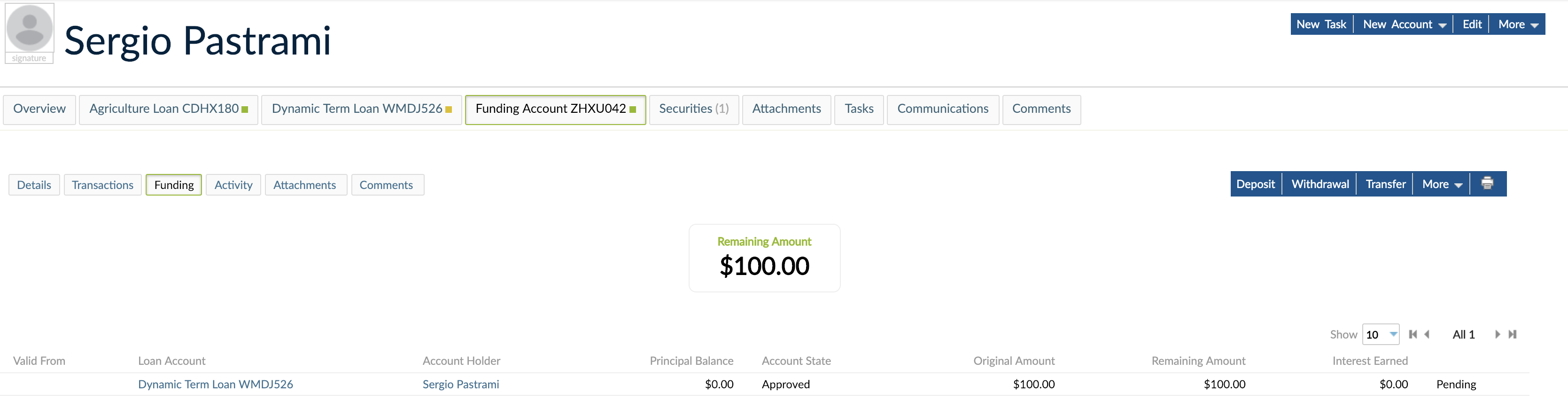 Funding view with Remaining Amount.