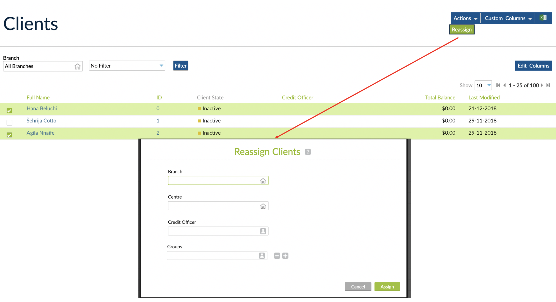 Clients reassignment can be done via Actions button.