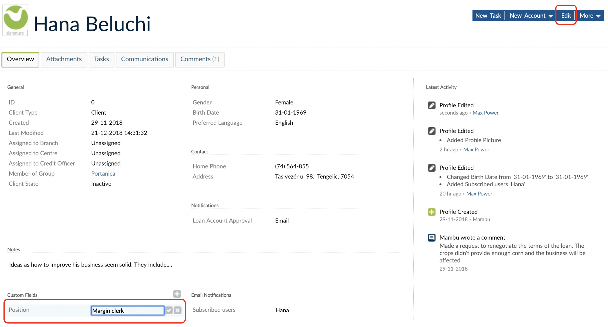 Edit action that can be done via the Edit button or directly from client overview.