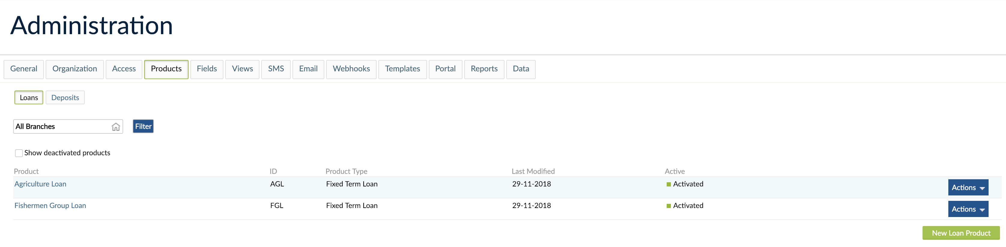Administration view where Loans and Deposits products are displayed