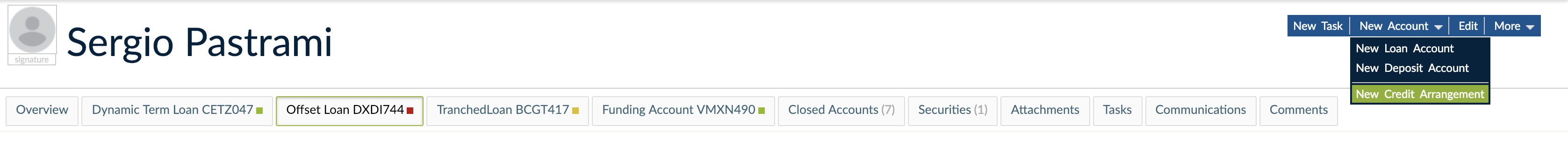 New Credit Arrangement option from New Account drop-down