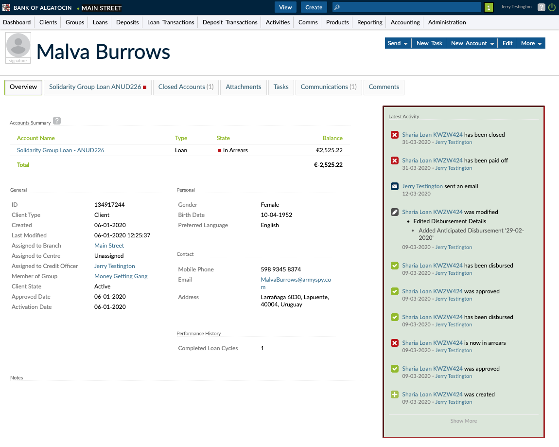Latest activity available for a client from their detail page