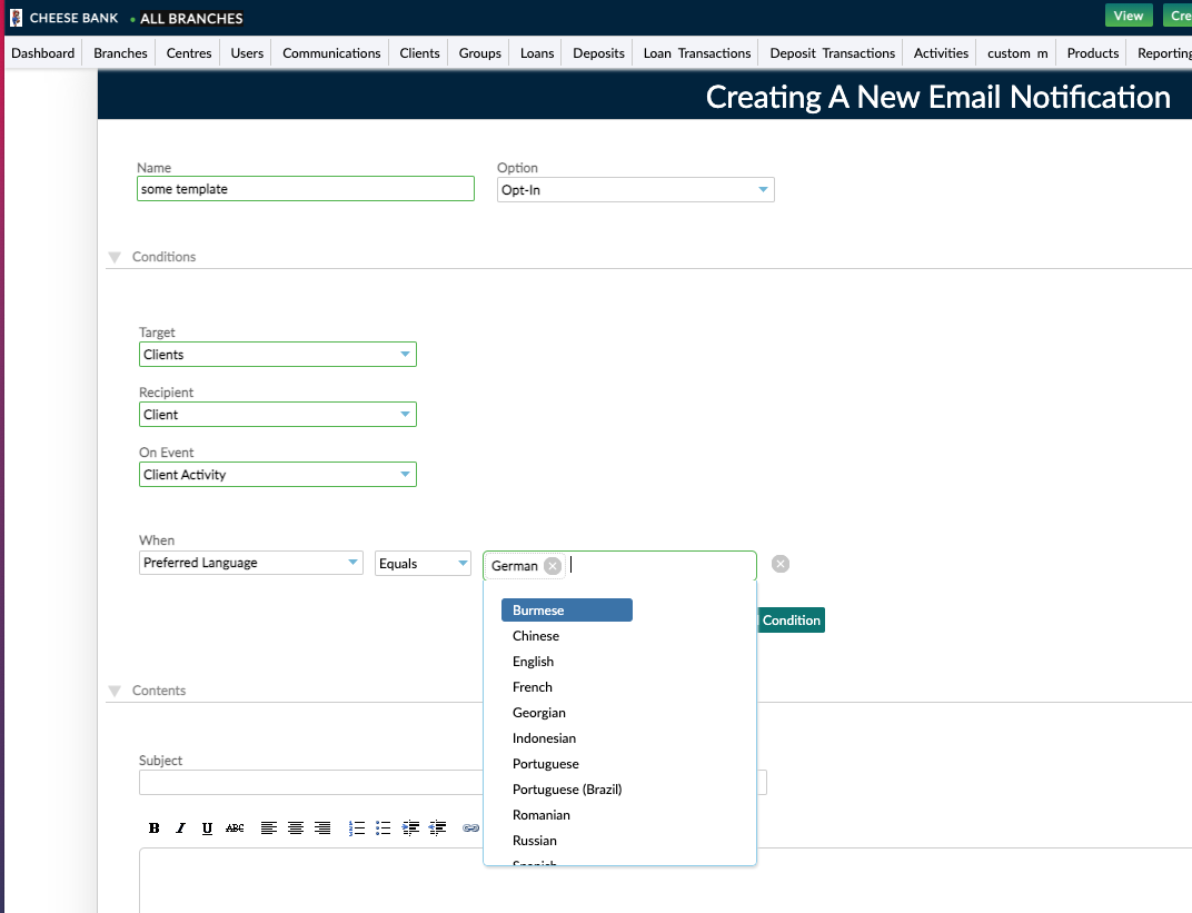 Create email notification in a different language