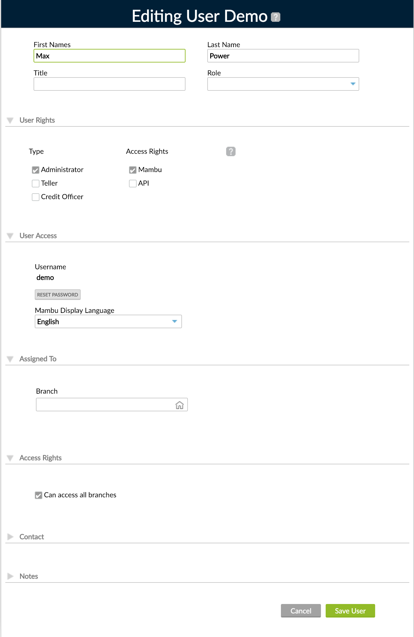 Edit your profile screen with all fields that can be changed for the profile, excluding the Username