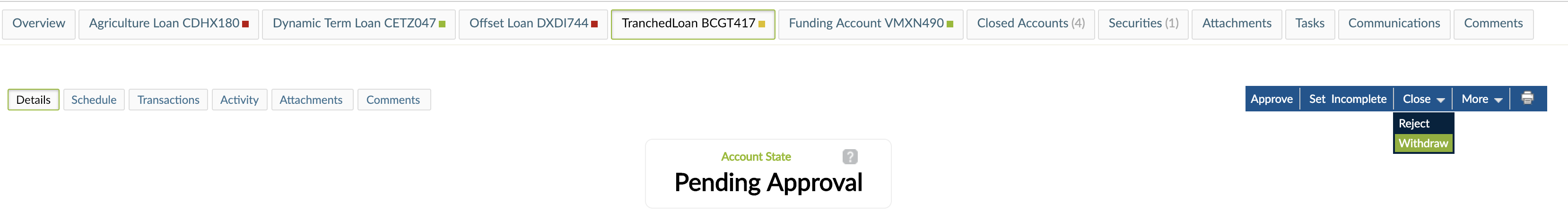 Withdrawing a Loan Account form Close drop-down menu