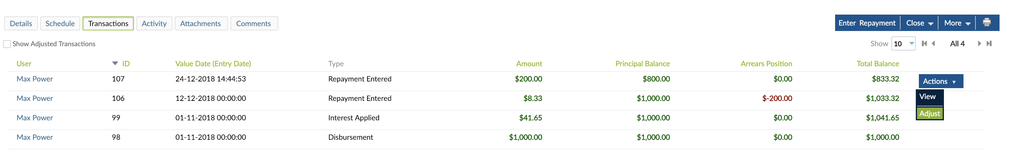 Actions button with Adjust option selected