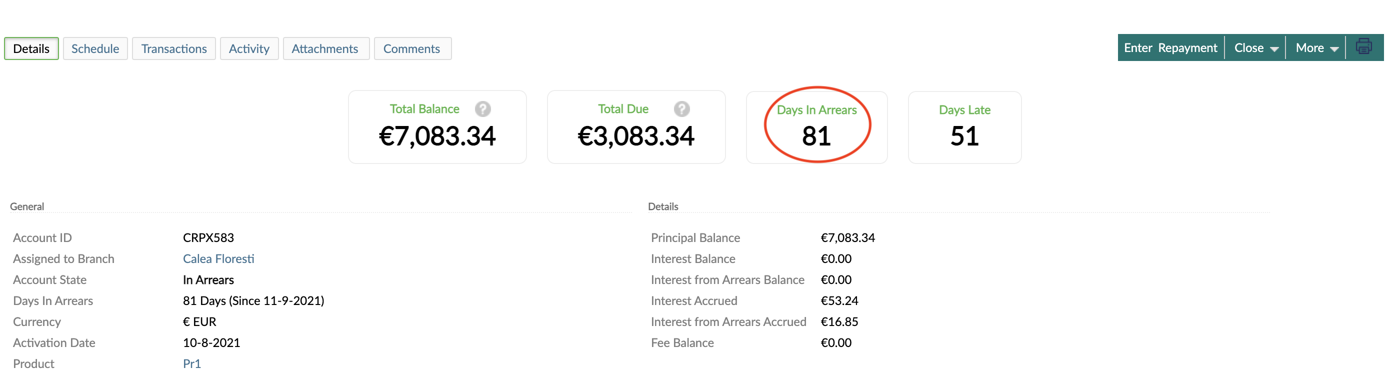 Calculating the number of days in arrears using the date account first went into arrears method