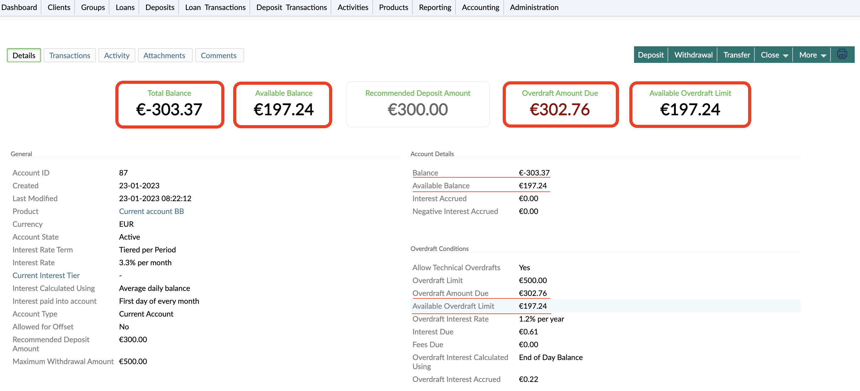 Overview of a deposit account with information about balance, overdraft and so on