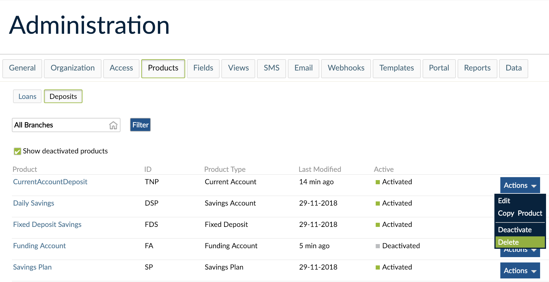 Deleted button from Administration tab