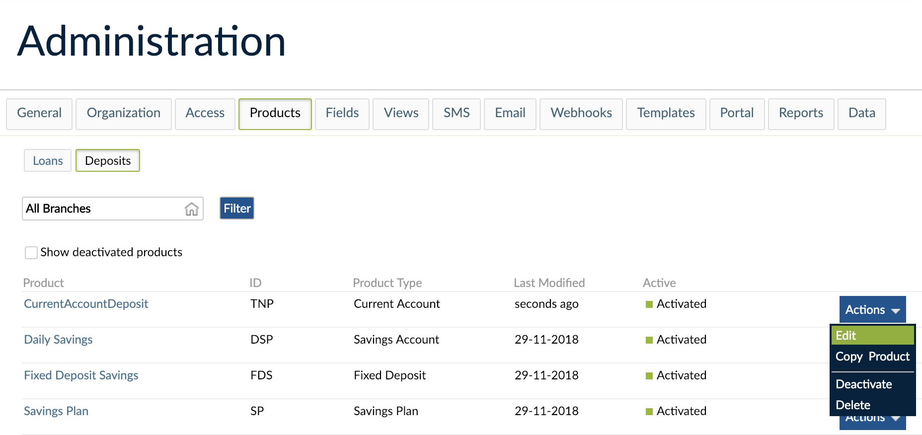 Edit Deposit Product from Administration tab.