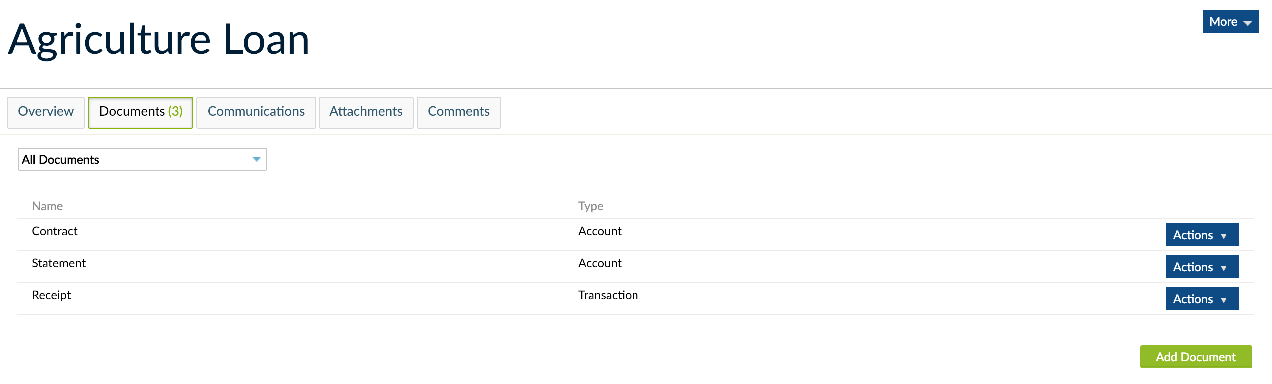 Documents view. All documents defined at product level will be found here.