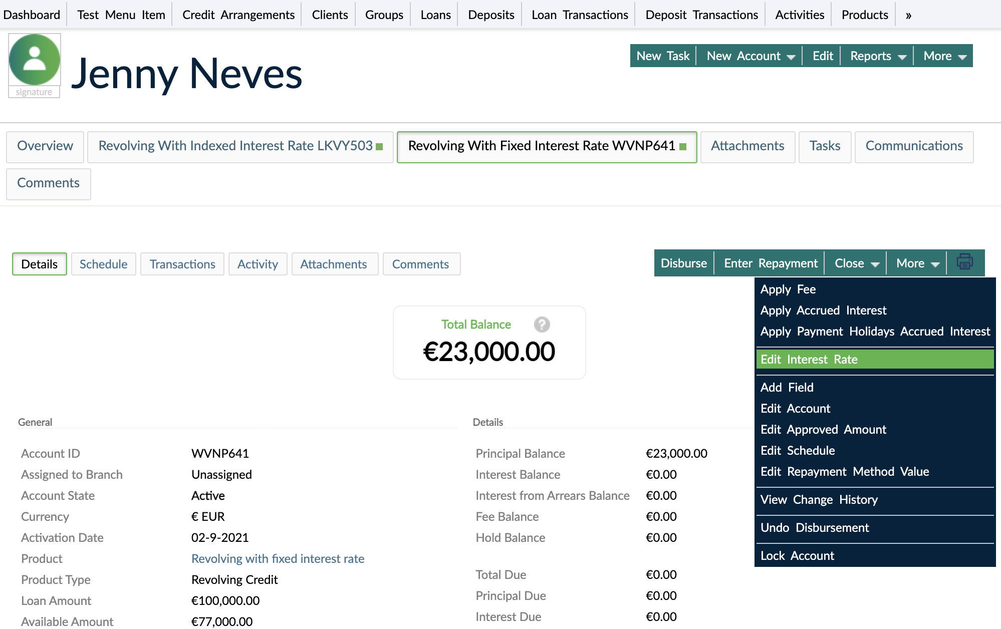 Revolving Credit loan, Edit fixed Interest Rate option available under More