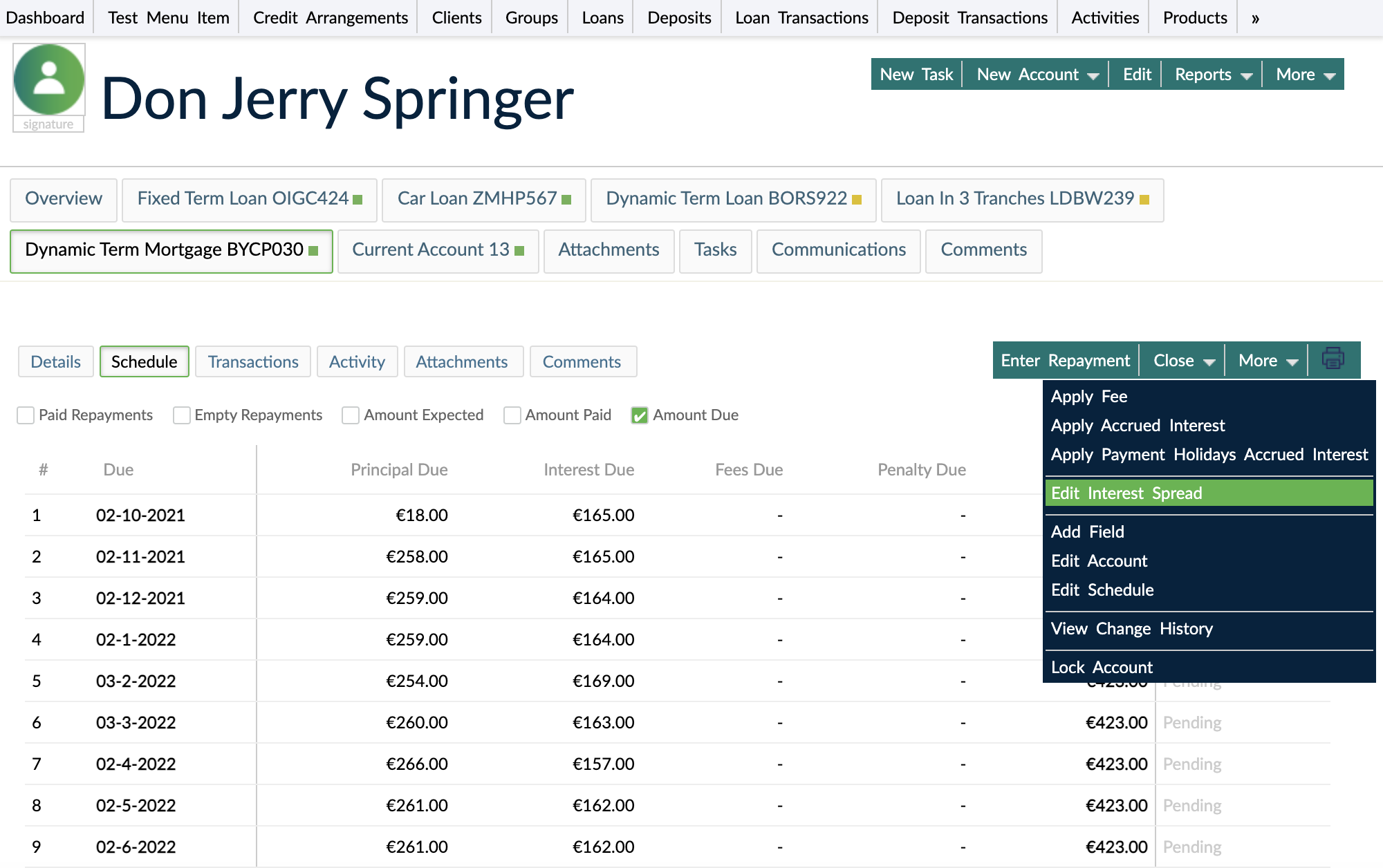 Revolving Credit loan, edit variable interest rate option available under More