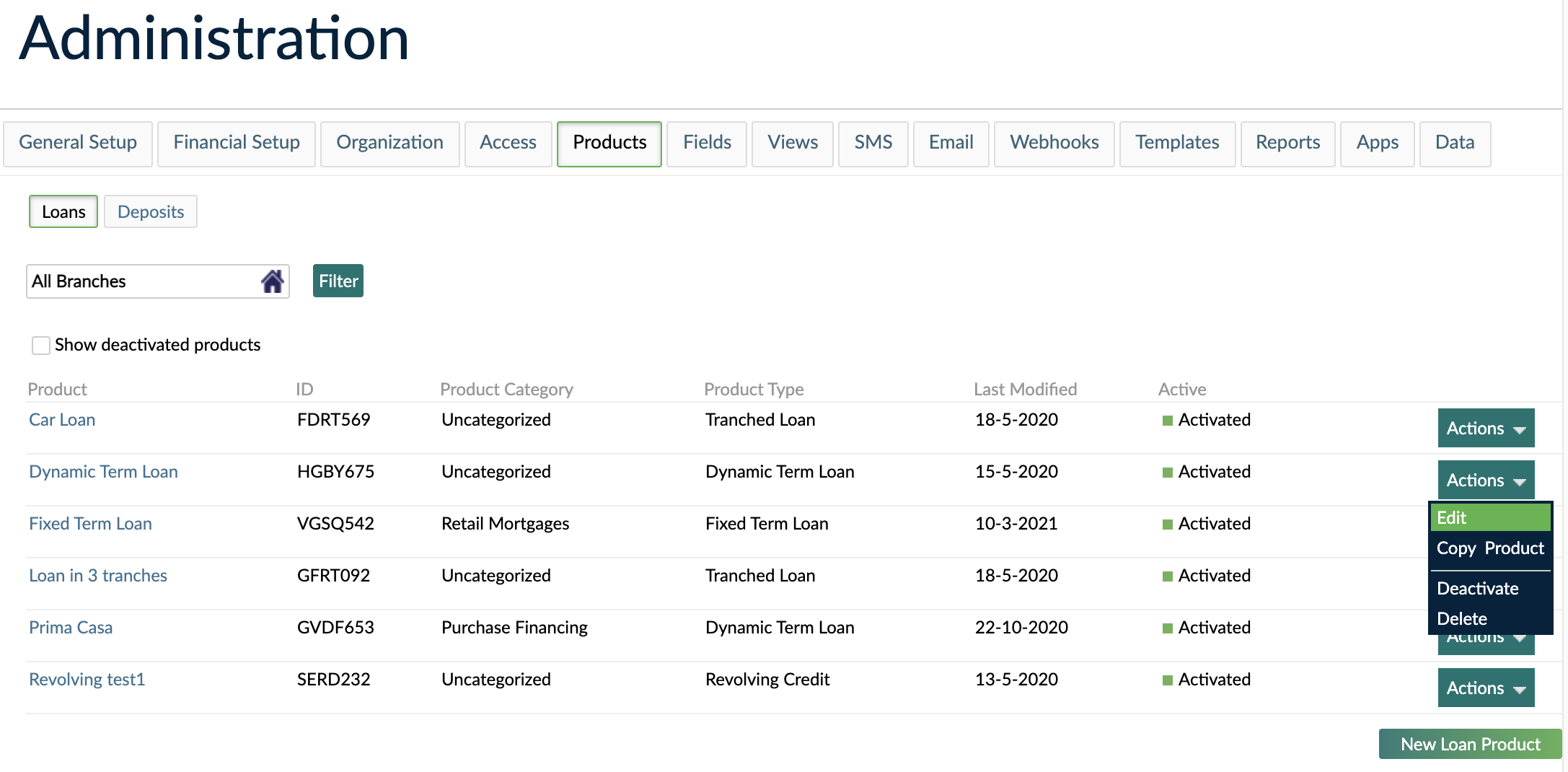 List of Loan products showing the "Edit" option under "Actions"