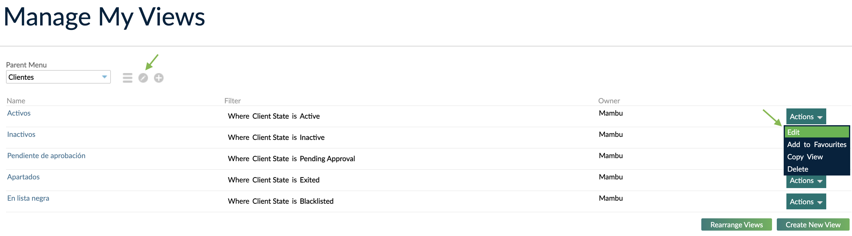 Manage my views screen, highlighting the edit button for the parent menu and the Actions - Edit button for editing the views