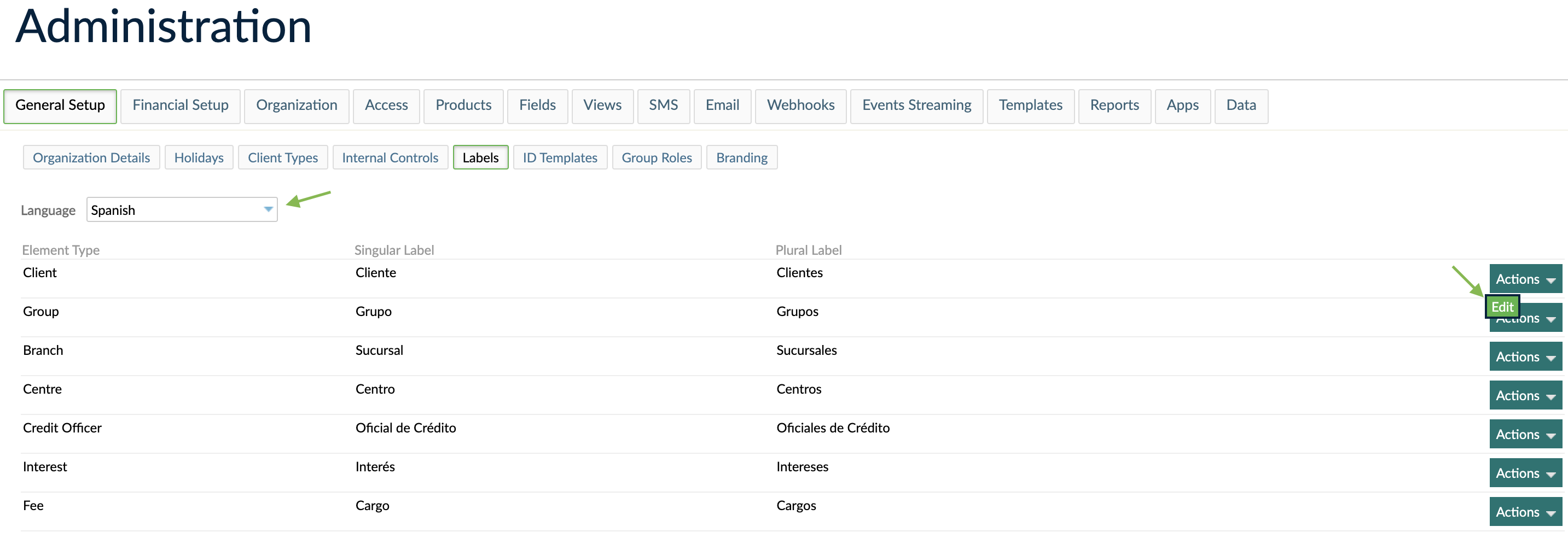 Labels screen with the language and edit buttons highlighted