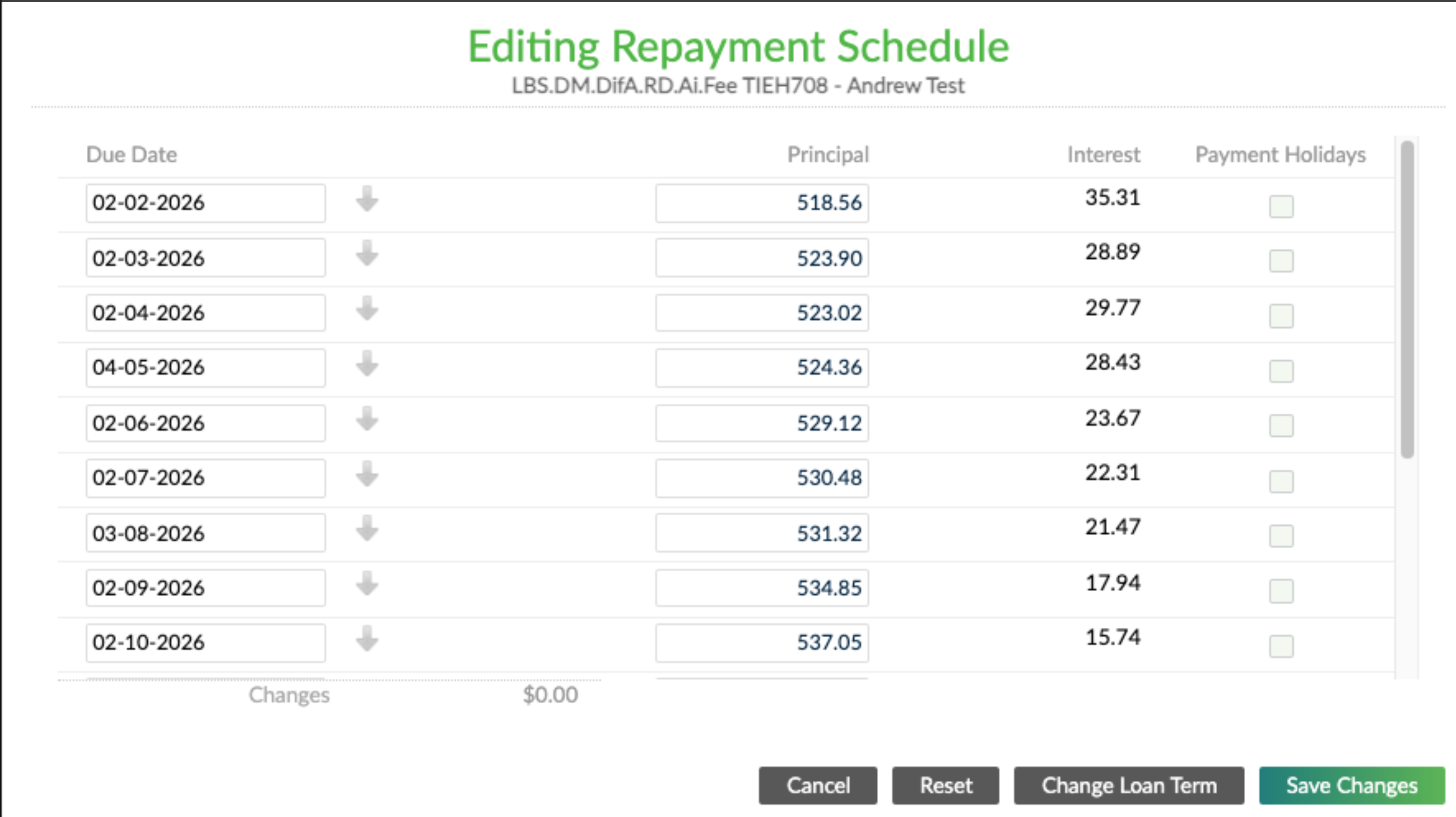 Editing Repayment Schedule