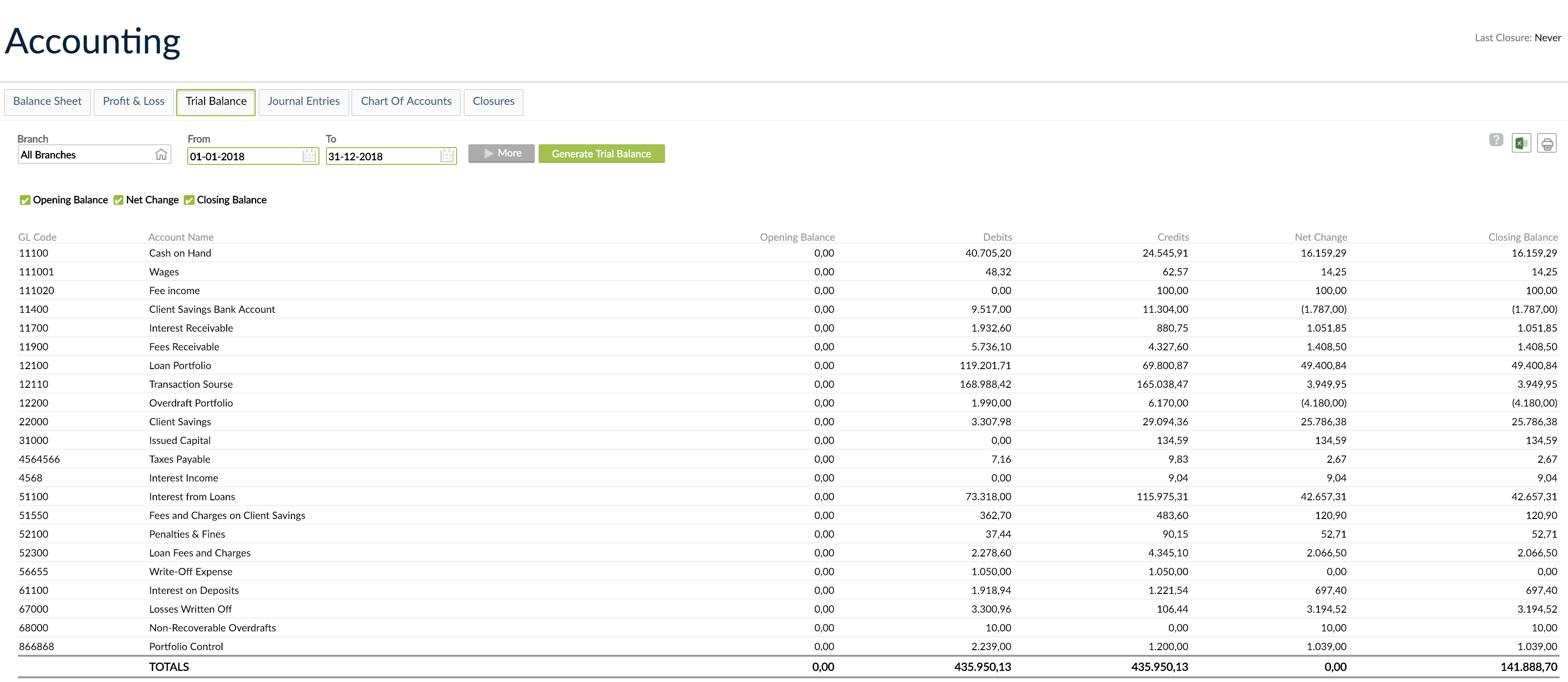 Trail Balance screen with options to be set in order to Generate the report.