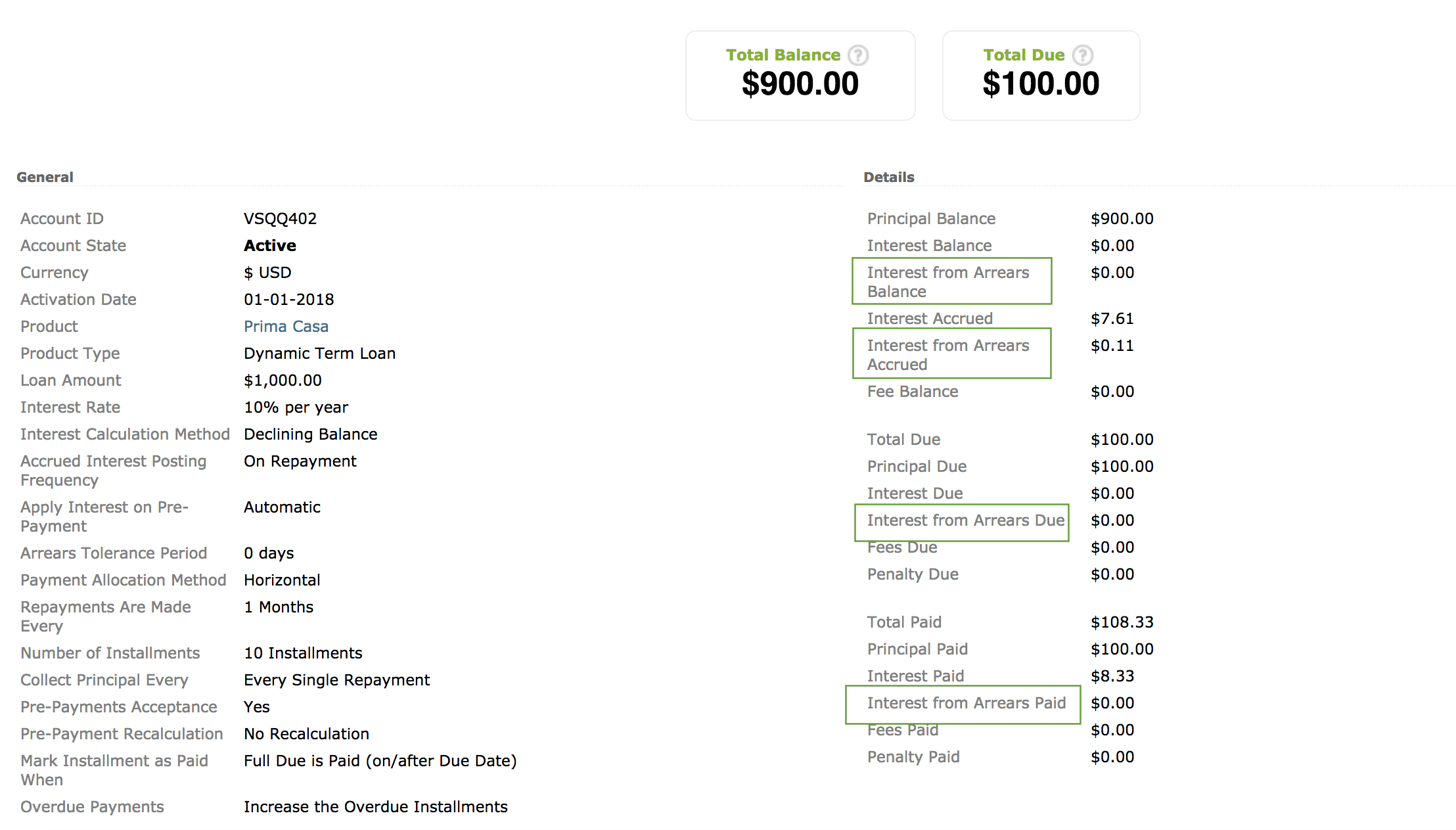 Interest from Arrears functionality displayed on Loan Account - Details - View.