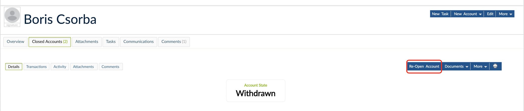 Re-Open Account option