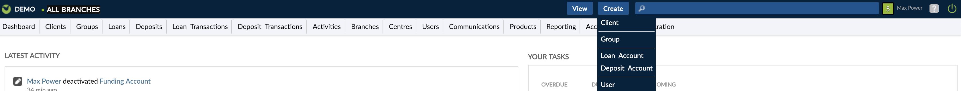 Create button with options like Client, Group, Loan Account, Deposit Account and User