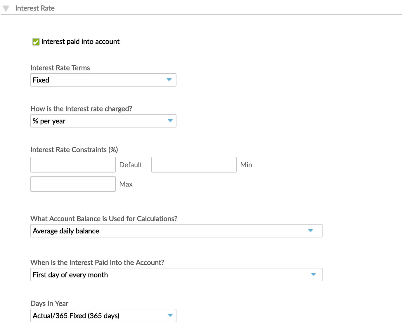 Interest Rate screen with options to be set for the interest rate