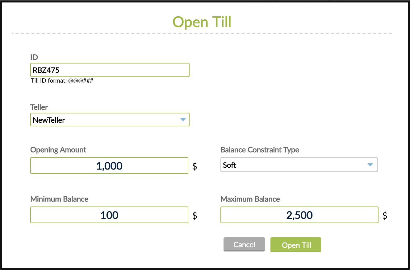 Open till pop-up with ID, Teller, Opening Amount, Balance Constraint Type, Minimum Balance, Maximum Balance