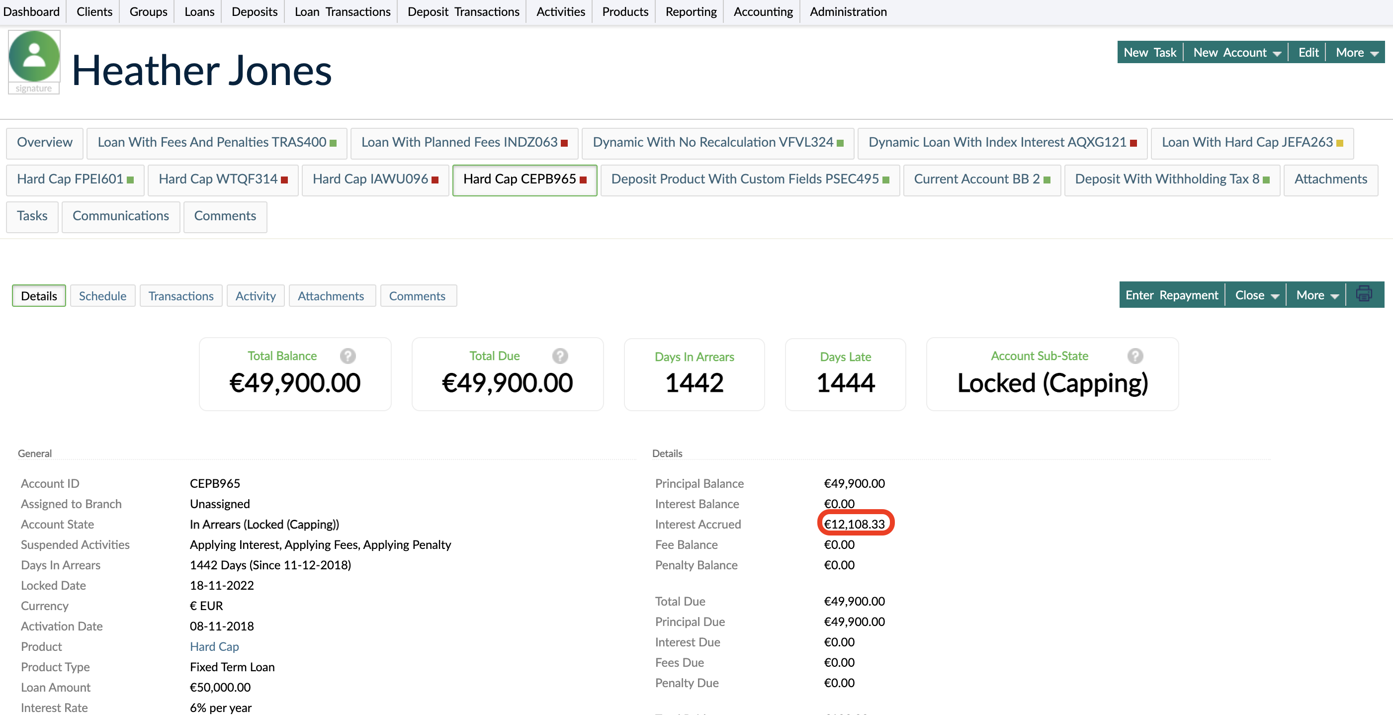 Example of a loan account 1444 days in arrears with charges of over 30% of the initial balance leading to its state to be automatically changed to locked