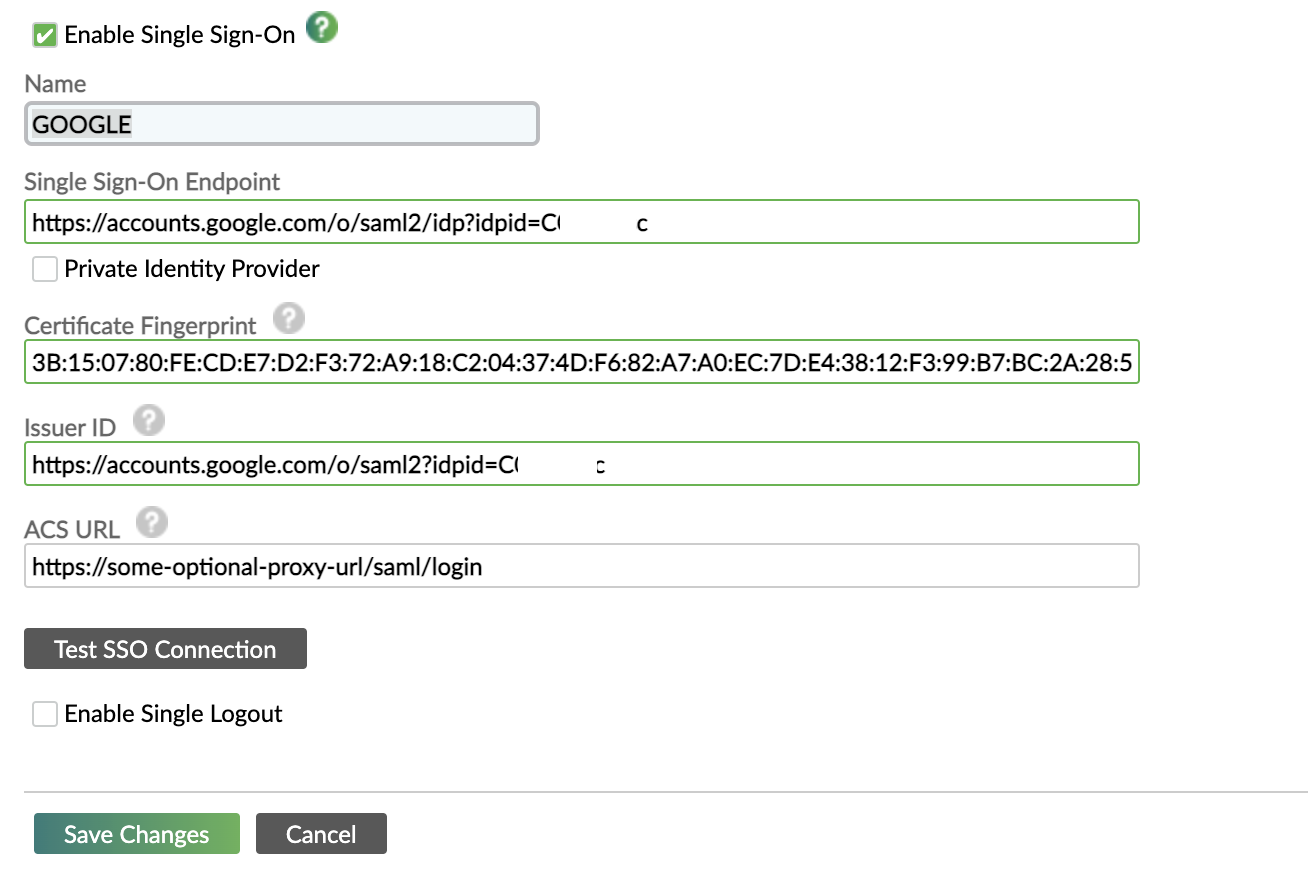 Single Sign-On options screen