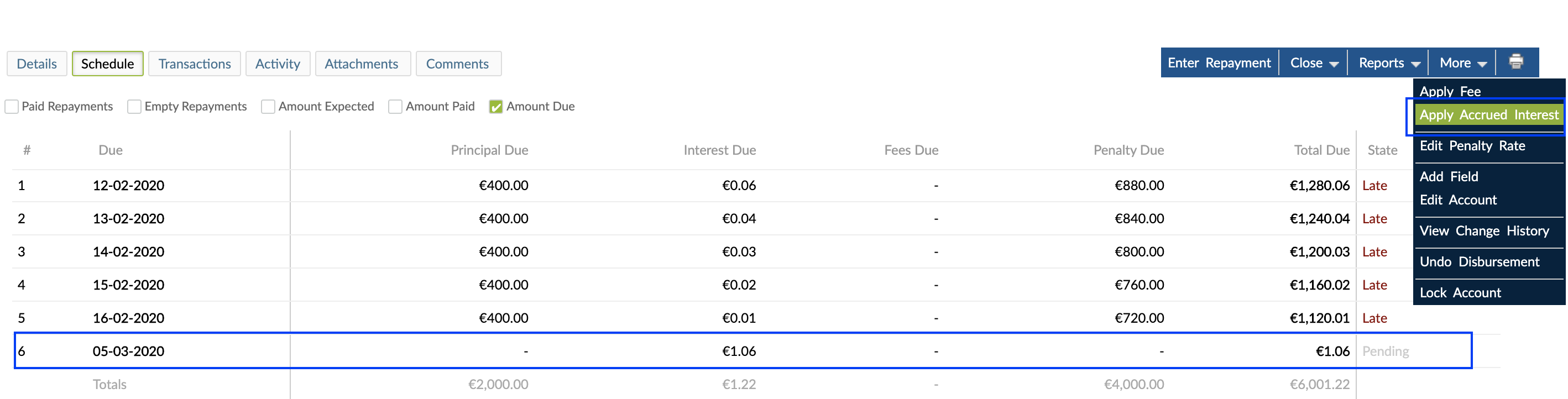 interest accrual after maturity for loans in arrears