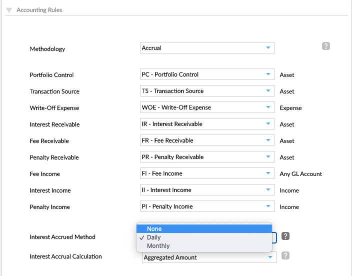 Interest Accrual Method in Accounting with Daily and Monthly options.