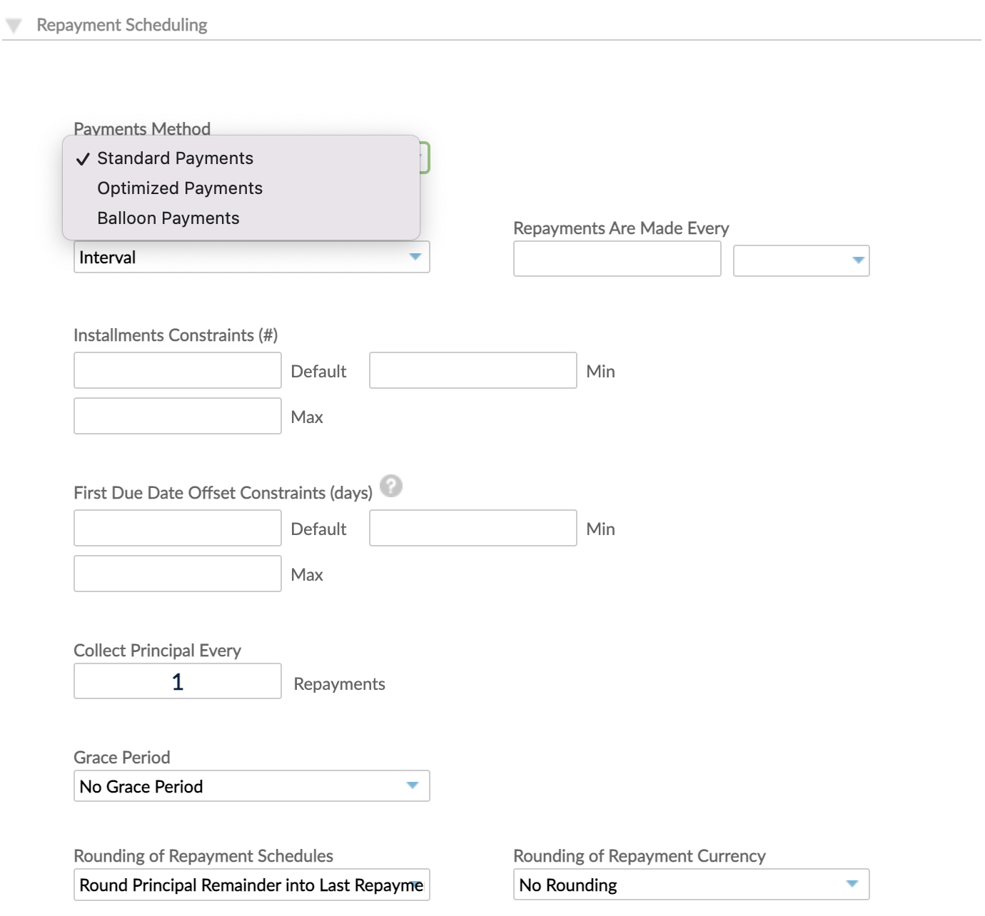 The repayment scheduling section of Creating a new loan product form with the following payment methods: standard payments, optimized payments, and baloon payments