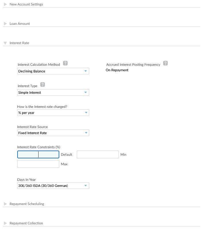 Select the Interest Rate Default, Floor and Ceiling