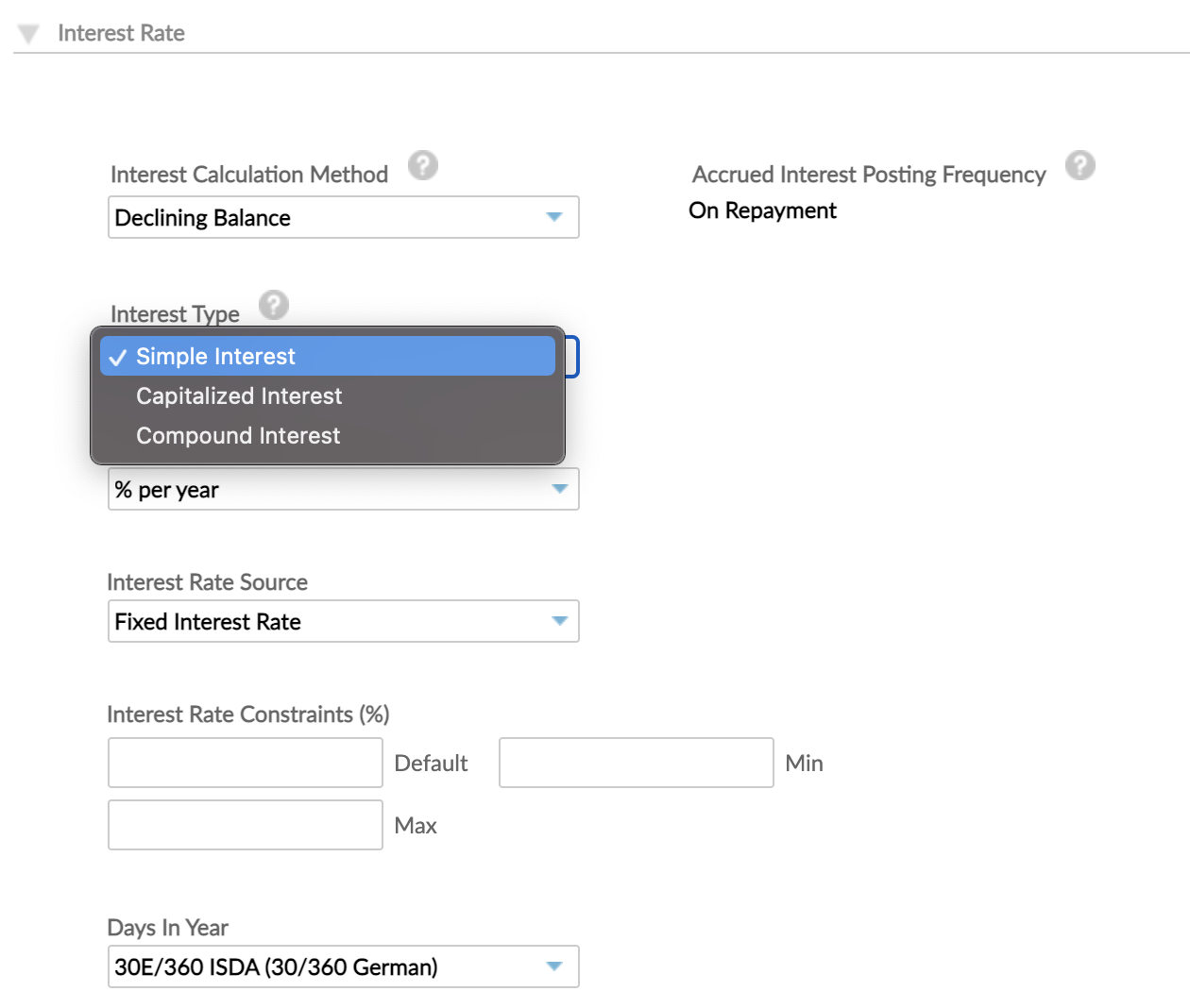 The interest section of the create loan product form showing the three available interest rate types: simple, capitalized, and compound