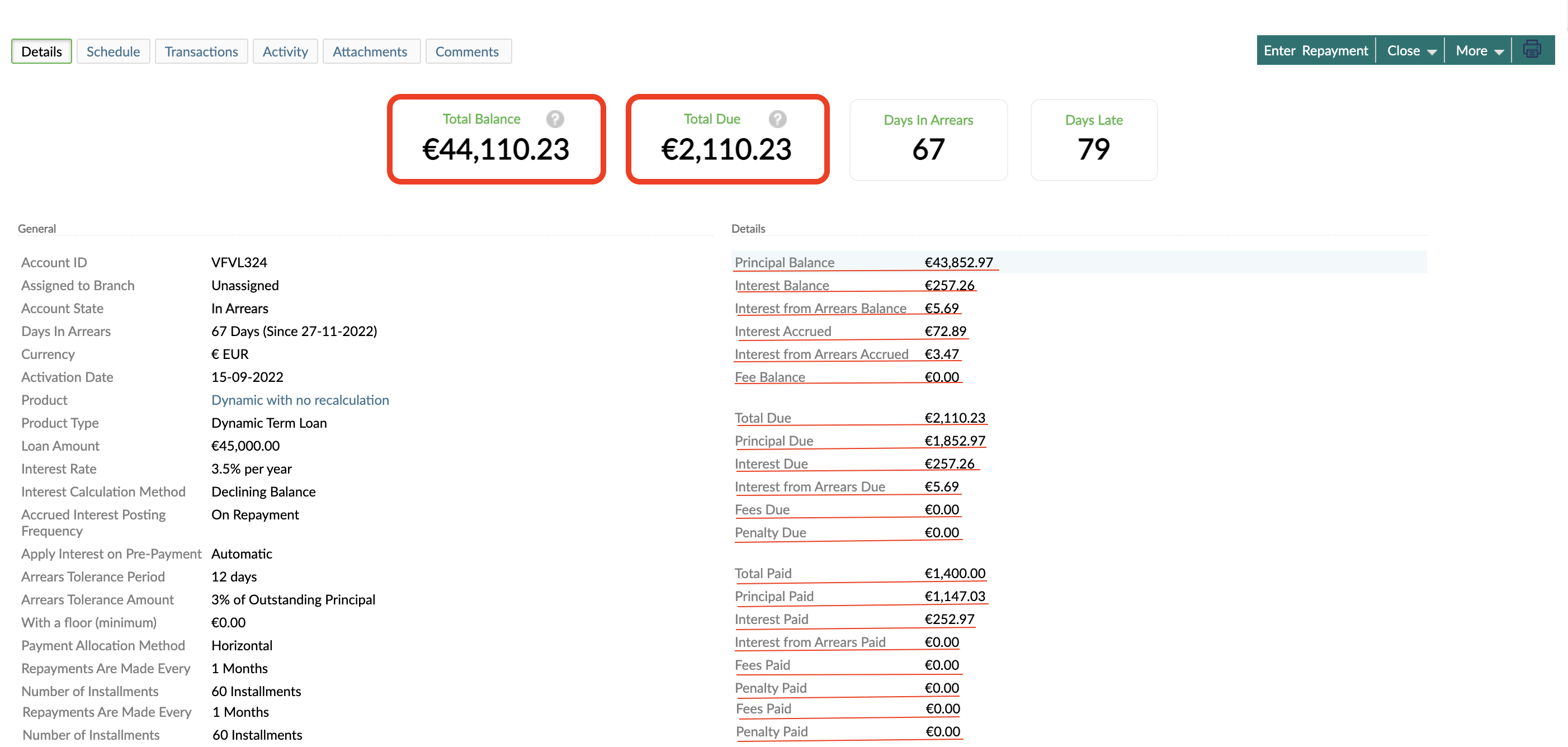 A loan account with information about balance, interest, currency, and so on