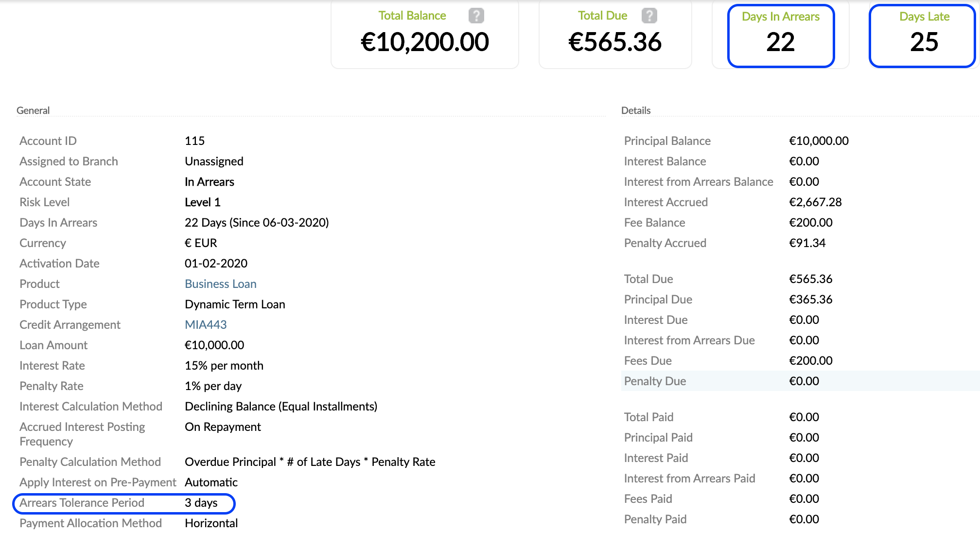 loan account overview for an overdue loan showing days late and days in arrears