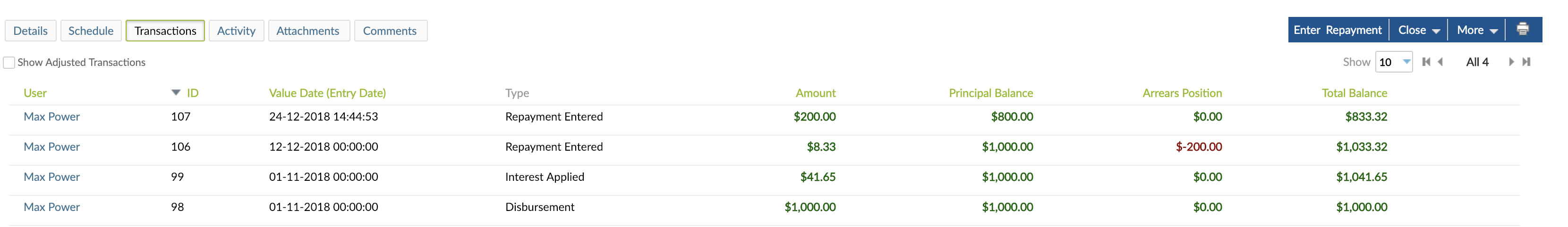 Transactions tab - postdated payments transactions order